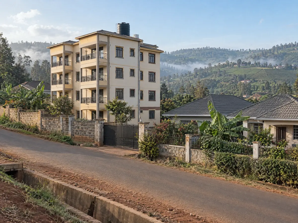 An apartment block and family homes on a hillside road in Murang'a
