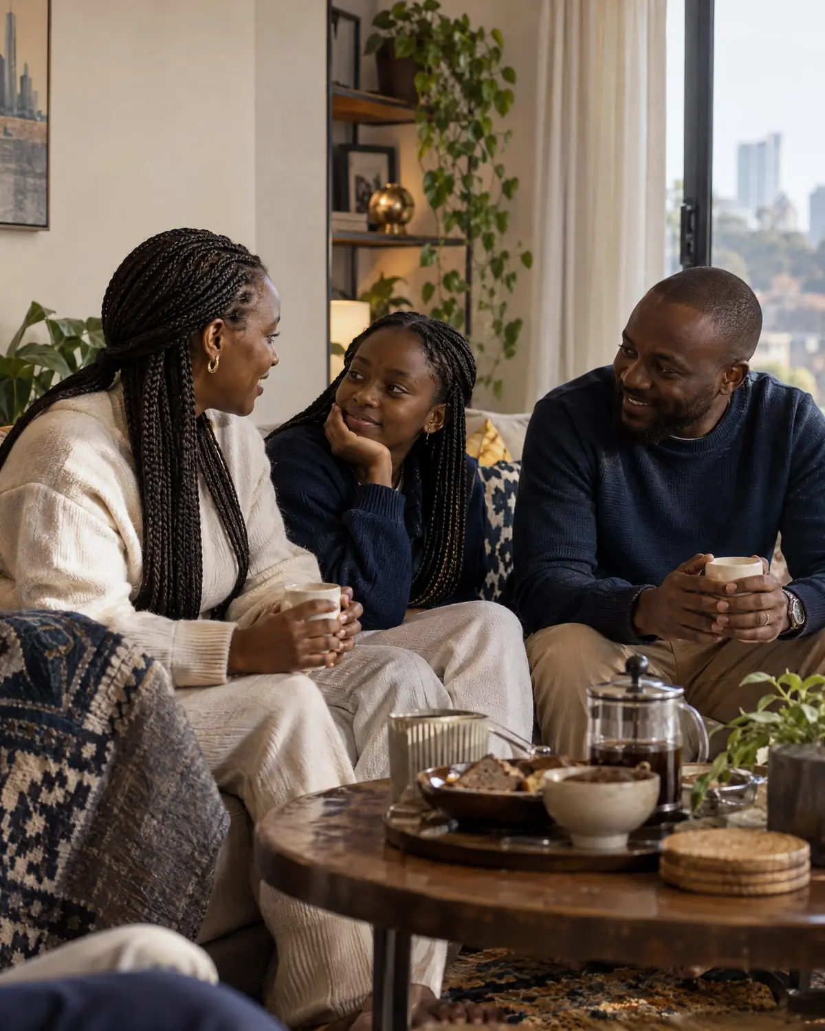 A family talking over coffee in their Nairobi living room